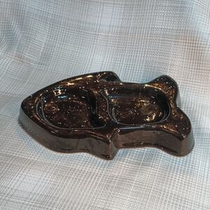 Glazed Ceramic Black Speckled Fish-Shaped Cat Food Dish 11"x7"